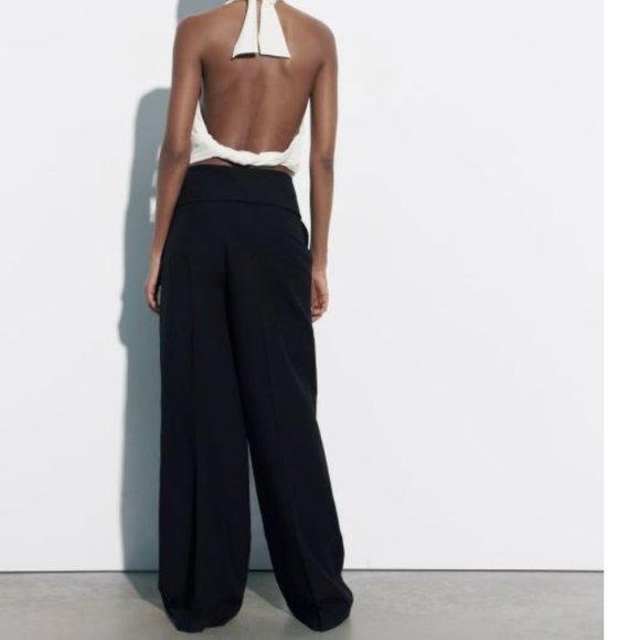 ZARA HIGH RISE FOLD DOWN WAISTBAND BLACK LONG LINEN BLEND PANT TROUSERS - Picture 6 of 8